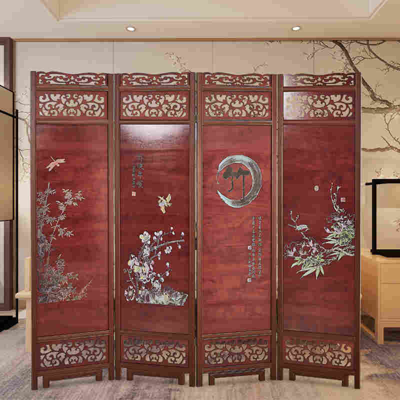 屏风隔断客厅实木中式玄关酒店办公室茶室中医养生馆双面画折屏 雕花折叠款 古典竹报平安 180*50
