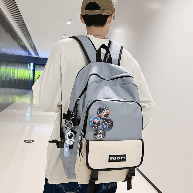 辰叙书包男初中生大容量男生背包小学生高中生六年级男孩中学生双肩包 绿色 小号+徽章+太空人挂件