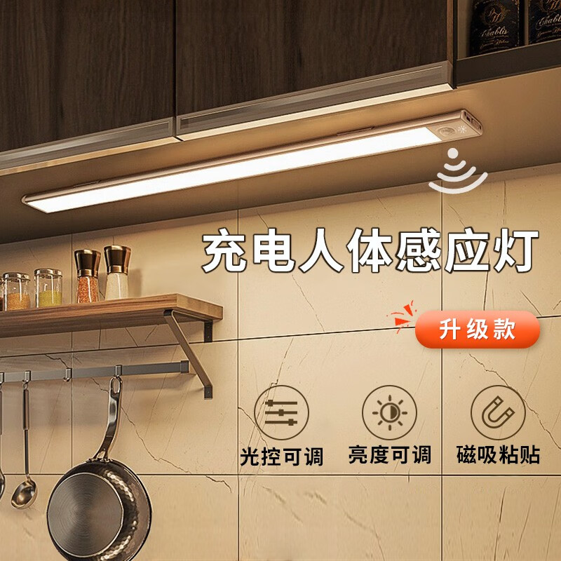 松潮（SONGCHAO）人体感应灯磁吸充电玄关橱柜衣柜酒柜厨房自粘长条小夜灯带长续航 温馨暖光/高续航版/光控(银色) 升级高续航版40cm