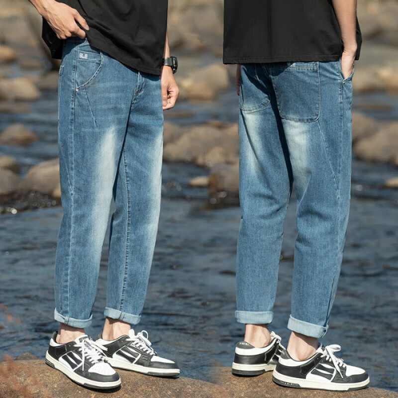 以纯a21牛仔裤男宽松直筒九分裤2024春夏款百搭弹力男士潮牌休闲 蓝