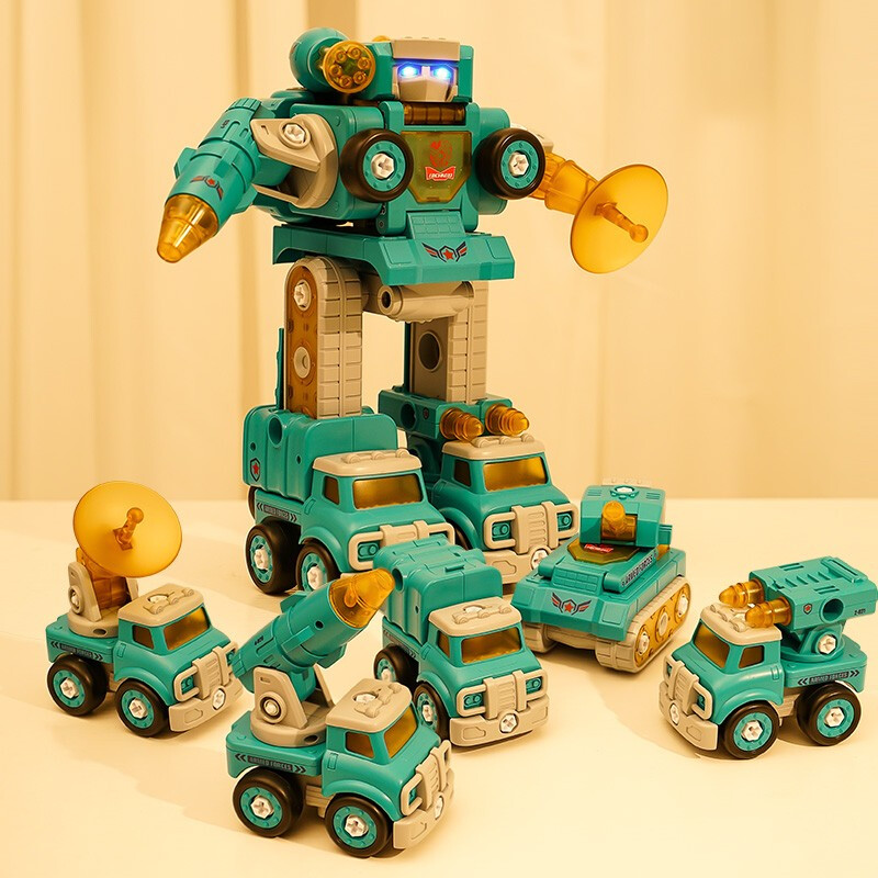 儿童变形玩具男孩合体机器人五合一拆装机甲恐龙模型消防工程汽车拧螺丝拼装玩具3-6岁节日生日礼物 5合1变形合体机甲【云雾绿】