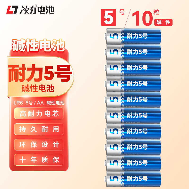 凌力耐力5号 碱性电池AA 适用玩具/血糖仪/遥控器/挂钟/鼠标键盘/智能门锁/赛车 5号AA【10粒】