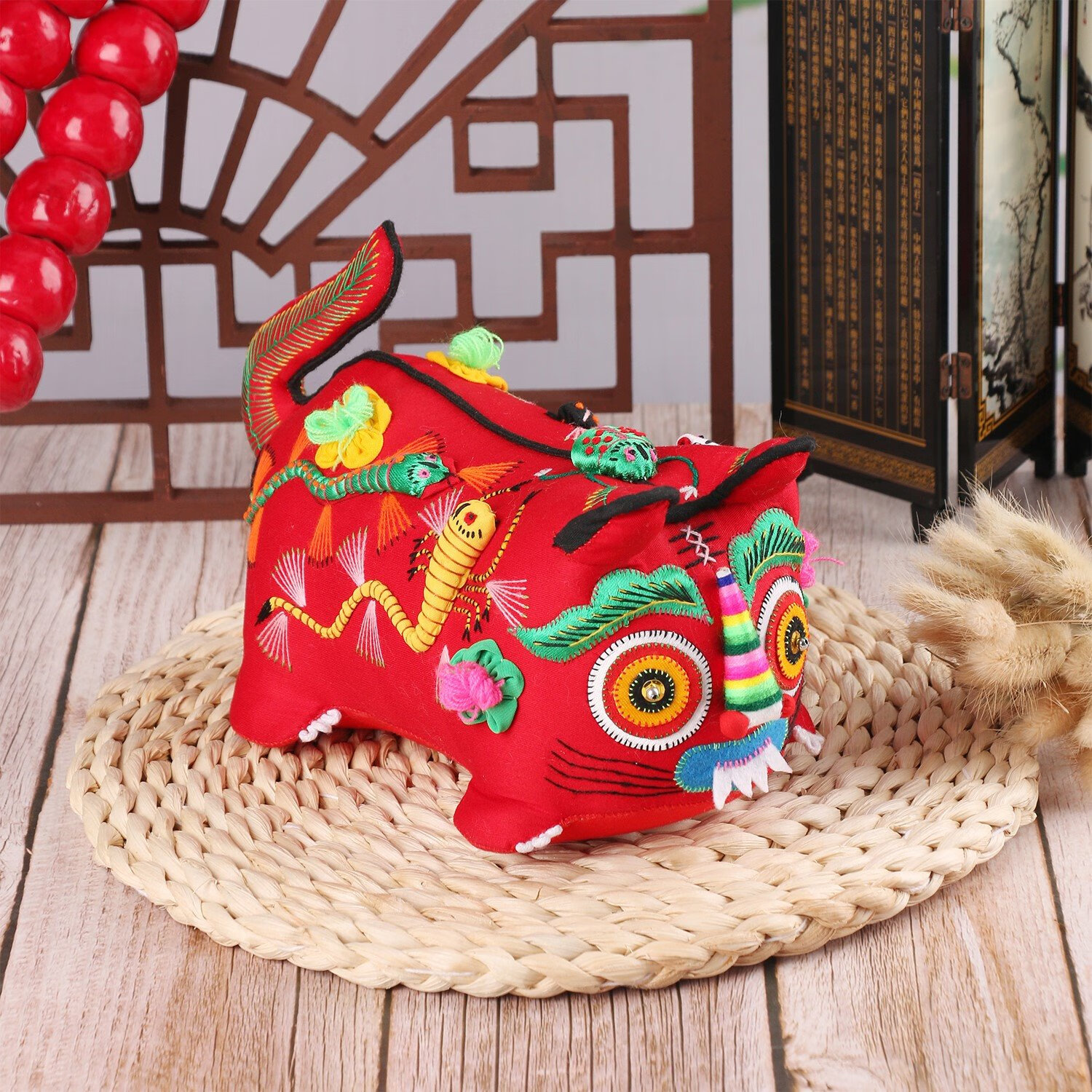 度佳行手工缝制五毒布老虎刺绣小老虎枕头红虎头枕民间工艺品非遗 金