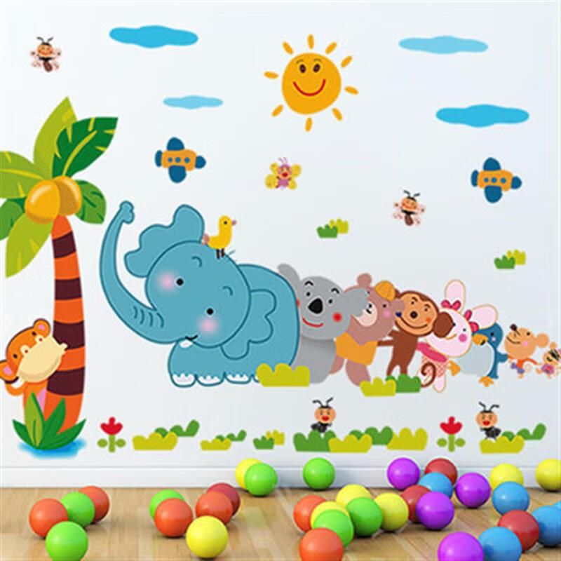 卡通动物墙贴纸儿童房宝宝房间婴儿墙面装饰可爱幼儿园贴画3d立体 AY9161动物拔河