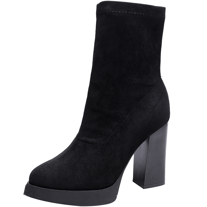 凡疆时尚显瘦防水台短靴女2021秋冬新款单靴尖头高跟中筒靴粗跟马丁靴