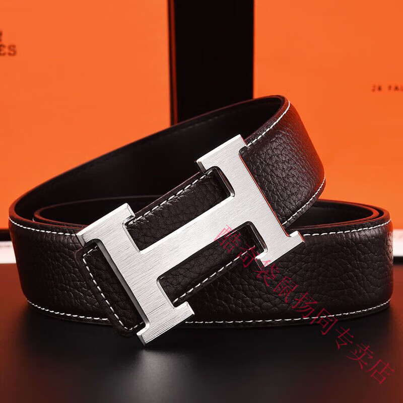 酷奇袋鼠男士皮带真牛皮时尚百搭H铜扣工字扣真皮休闲青中年腰带男 H黑色+银扣 3.8宽 105cm