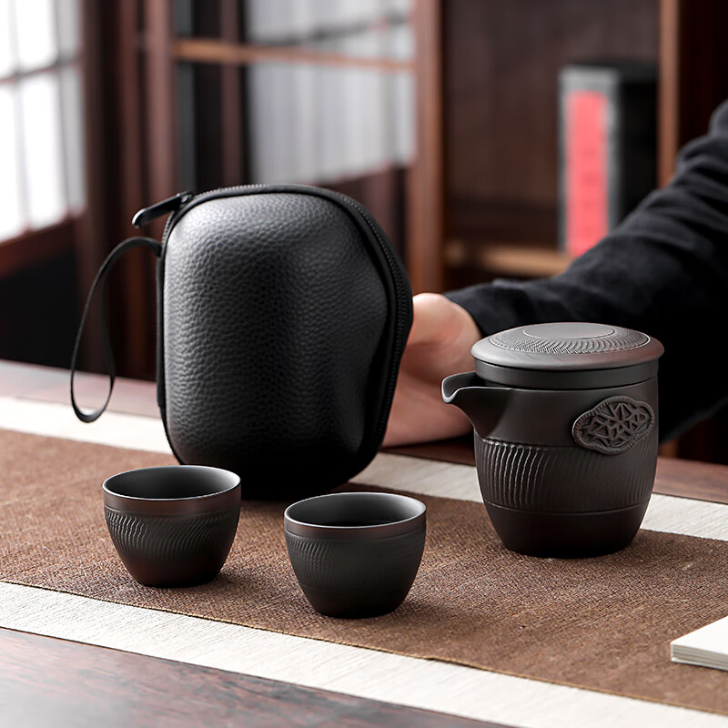 器酋 紫陶旅行茶具套装便携式户外快客杯高档陶瓷单人泡茶杯一壶二杯