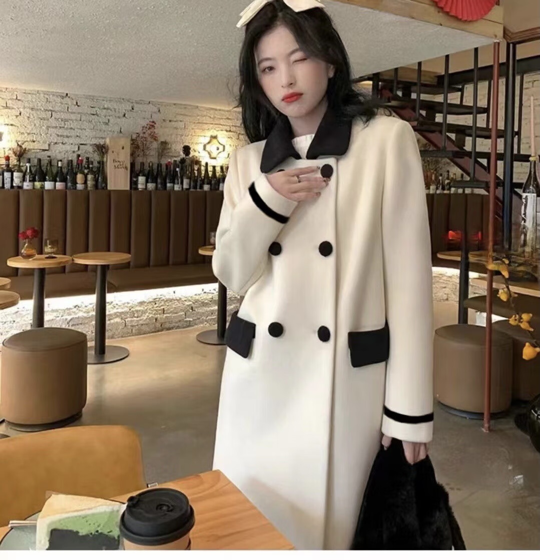 卡西品牌双面羊毛大衣2024春秋新款中长款赫本风双排扣双面呢外套女装