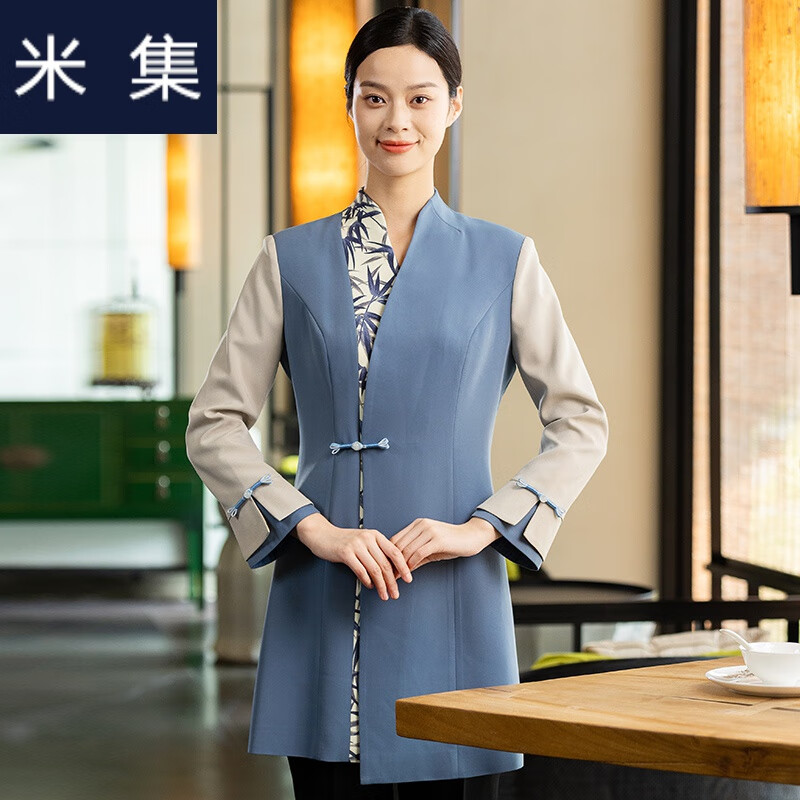 米集系列星级酒店餐饮工作服装女饭店迎宾接待宴会厅服装长 天蓝色 长