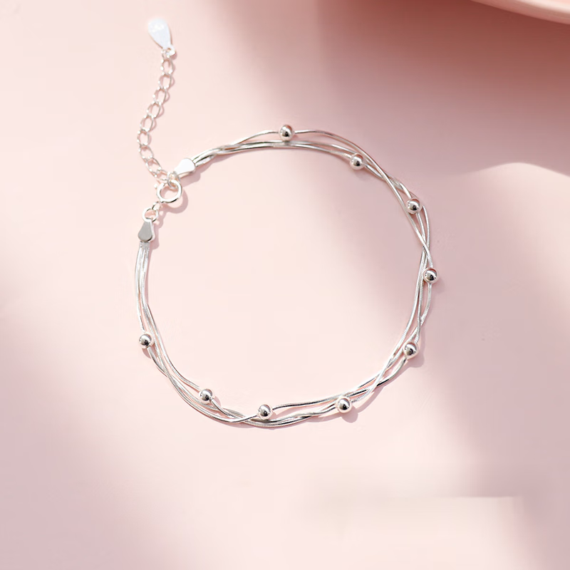 千弗蛇骨手串巷南925银三层链珠手链多层银珠灵动日韩礼物 925银三层