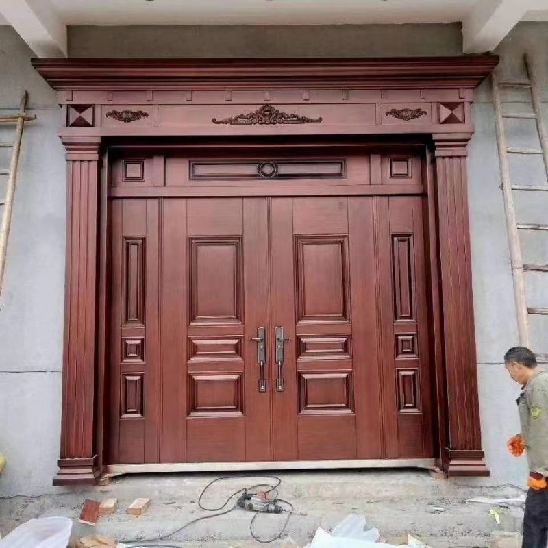 农村自建房大门定制防盗门双开门别墅双扇门入户门进户门外开门仿铜门