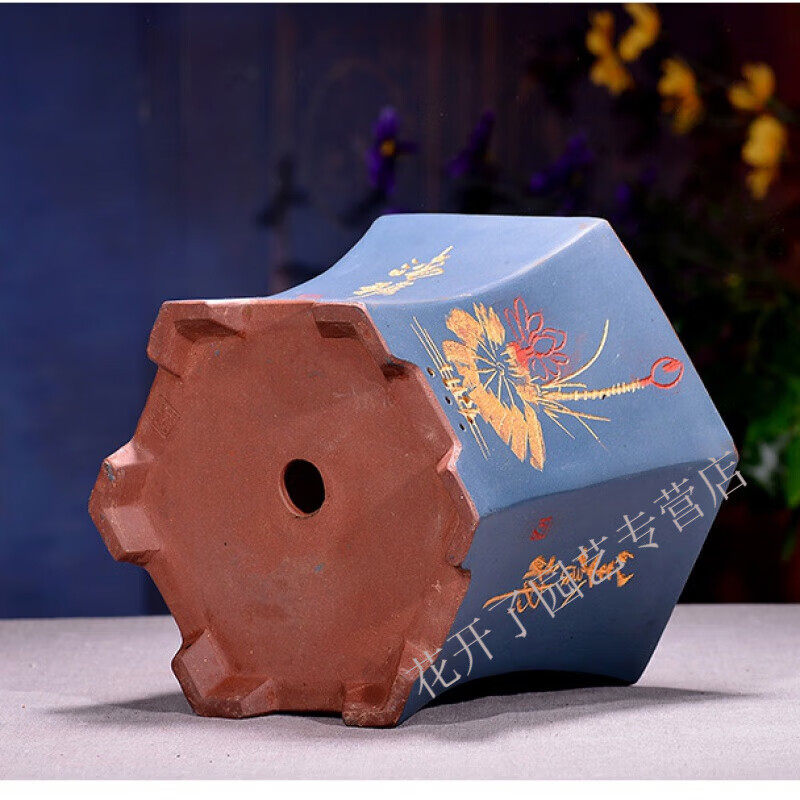 六方兰花盆君子兰盆陶瓷花盆盆栽兰草盆景盆客厅阳台 蓝色单个价格 小