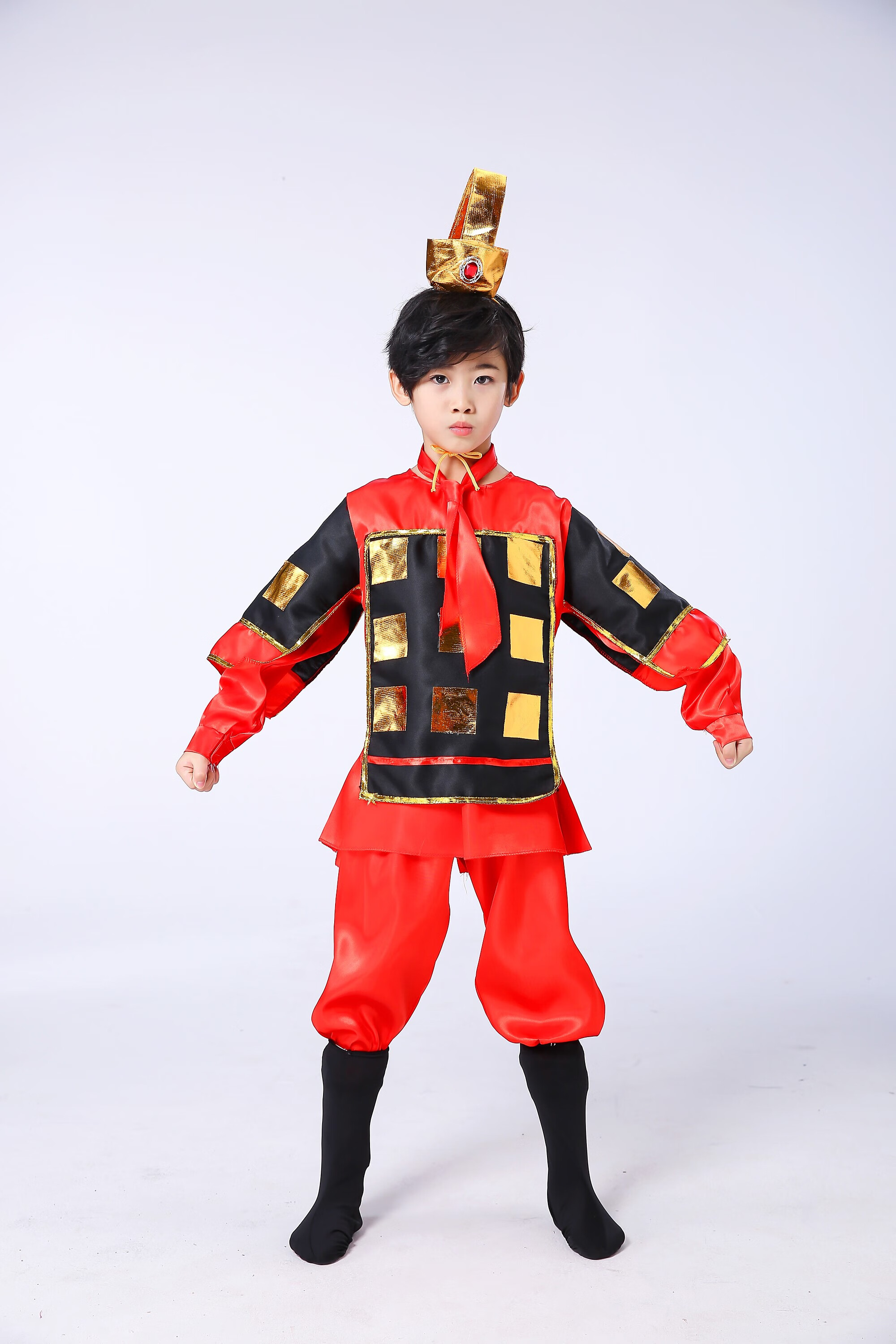 爱菲莹盔甲古装将军古代铠甲儿童武士合唱花木兰朗诵表演出舞蹈兵马俑服 红色整套服装++领巾 不含鞋 110