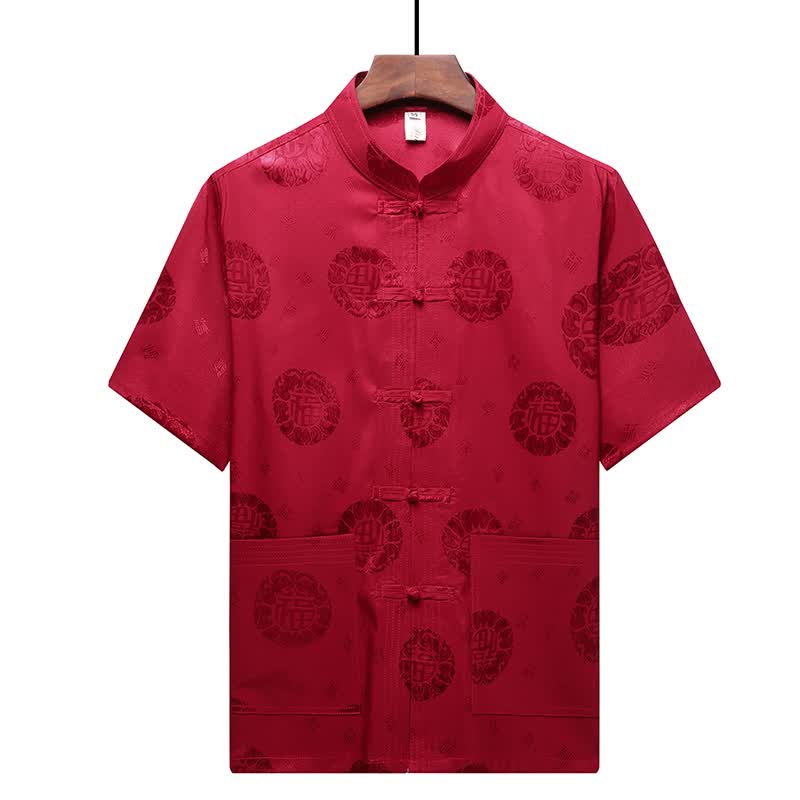 中老年唐装老人过寿生日夏天衣服老人过生日新款男士短袖汉服衬衫夏装男中式上衣爸爸装盘扣 1119福字红色 165怎么看?