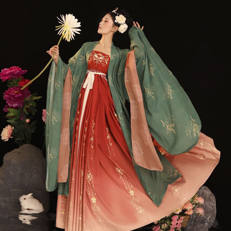 唐制原创汉服女裙大袖衫唐制复原图夏季唐风刺绣套装 绿色套装3米摆 s