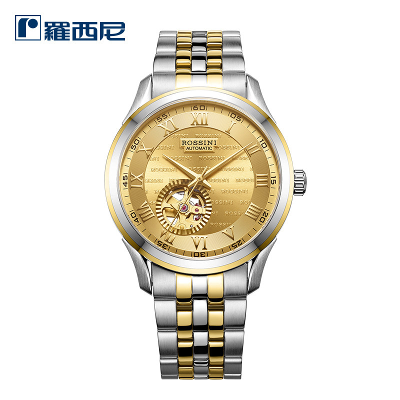 罗西尼(rossini)手表 男自动机械表商务时尚镂空透底金表18k上套金男