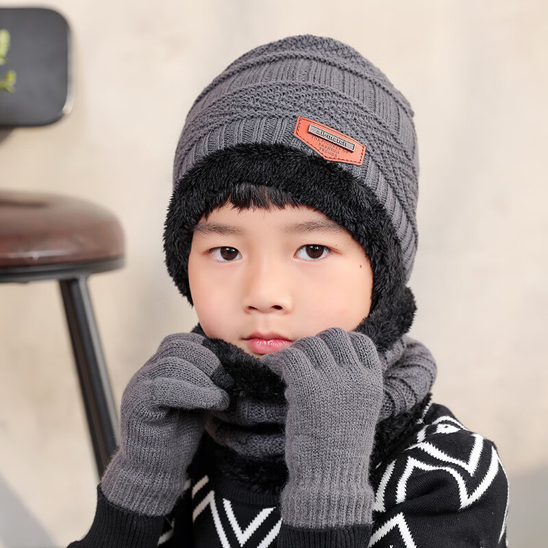 御帆 帽子男冬保暖加绒毛线帽户外针织毛线帽子围巾手套三件套骑行装 套儿童灰色三件套装