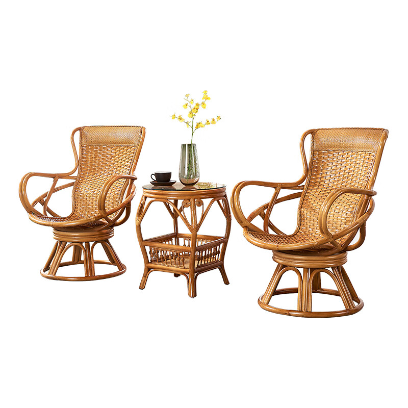 藤椅三件套阳台天然真藤纯藤编织高靠背单人旋转滕椅组合家用休闲腾椅