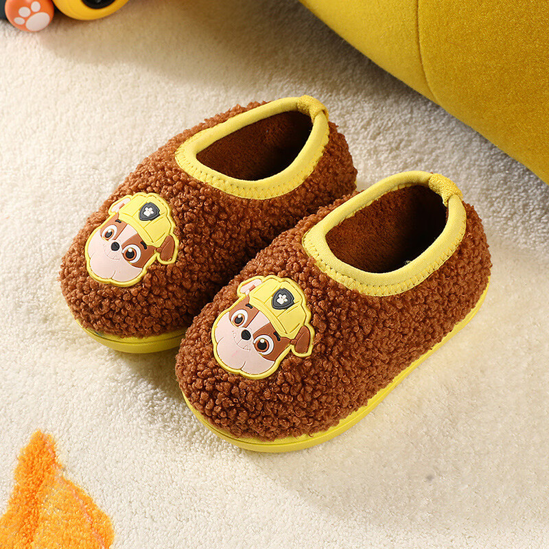 队新款儿童棉拖鞋室内居家可爱卡通包跟毛毛地板鞋棉拖秋冬 棕色小砾