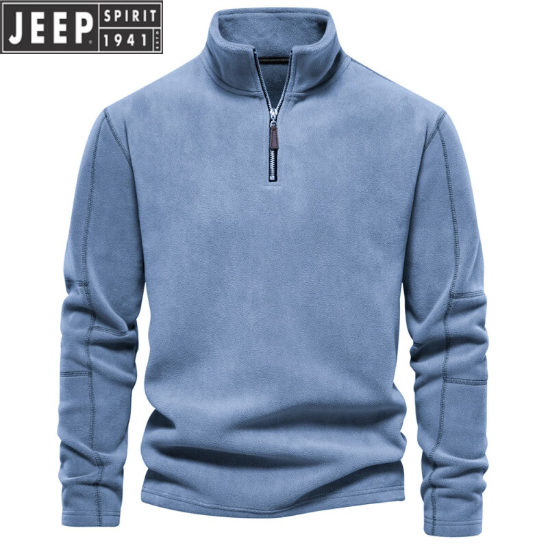JEEP SPIRIT抓绒卫衣男士秋冬款加绒保暖羊羔毛男装外套半拉链立领摇粒绒上衣 浅蓝色 M 140-160斤左右