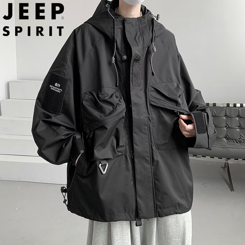 JEEP SPIRIT美式加肥加大碼沖鋒衣男款大碼300斤連帽夾克春秋款工裝機能外套 常規(guī) 黑色【款】 8XL (275至300斤可穿)