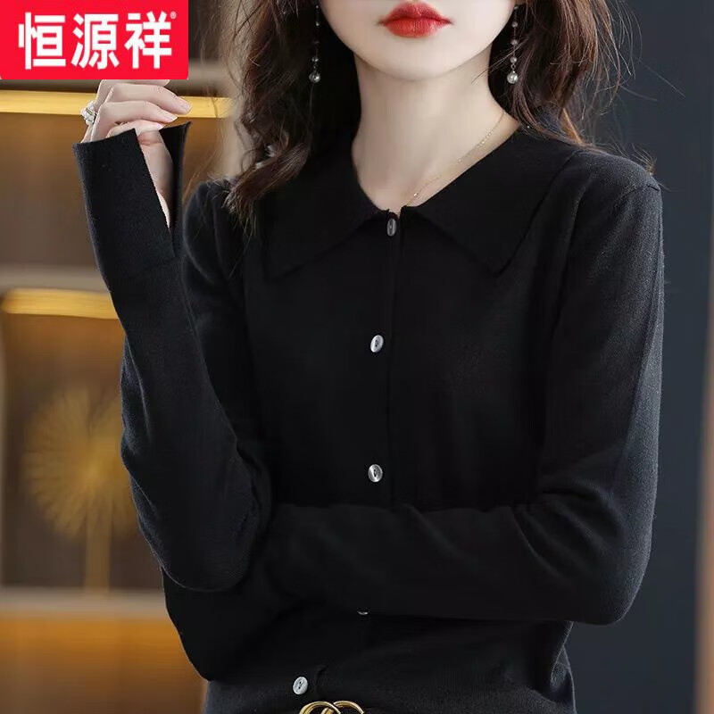 恒源祥【精选品质】22年新款春装款100%纯棉线女开衫衬衣领精致POLO领长袖毛衣全棉打底衫 黑色 XL 120-135