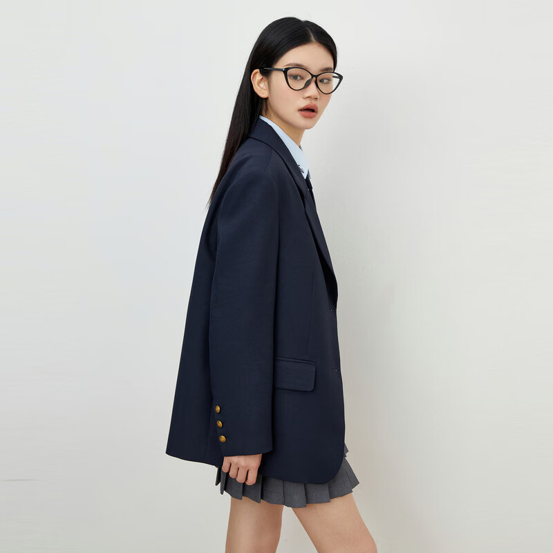 乐町新品松鼠标志学院徽章西装秋季学院风袖口条纹女士西服 藏青（现货） S