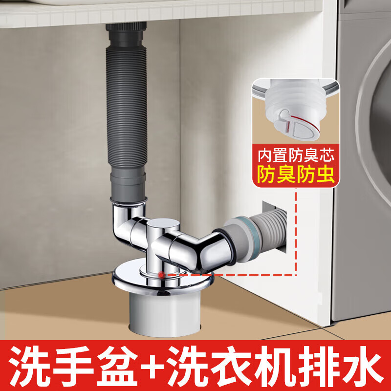 九牧王洗衣臺下水管三通洗衣機專用地漏接頭陽臺排水道三頭通分流分水器 全能款【防臭防溢】雙排水