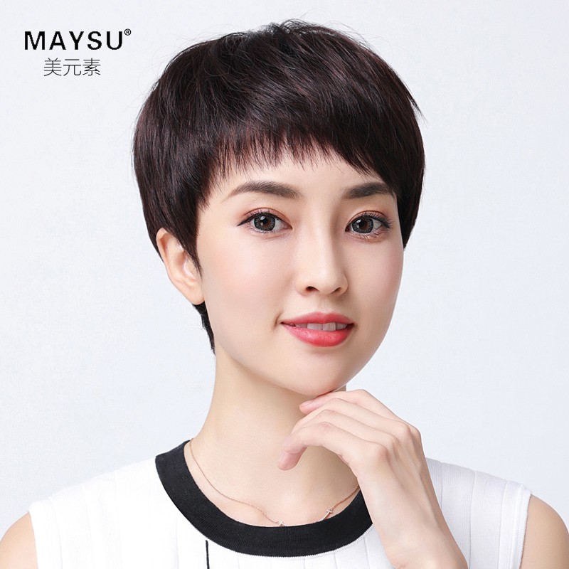美元素 假发女短发 真发短直发 时尚知性 真人发丝假头发 蓬松圆脸