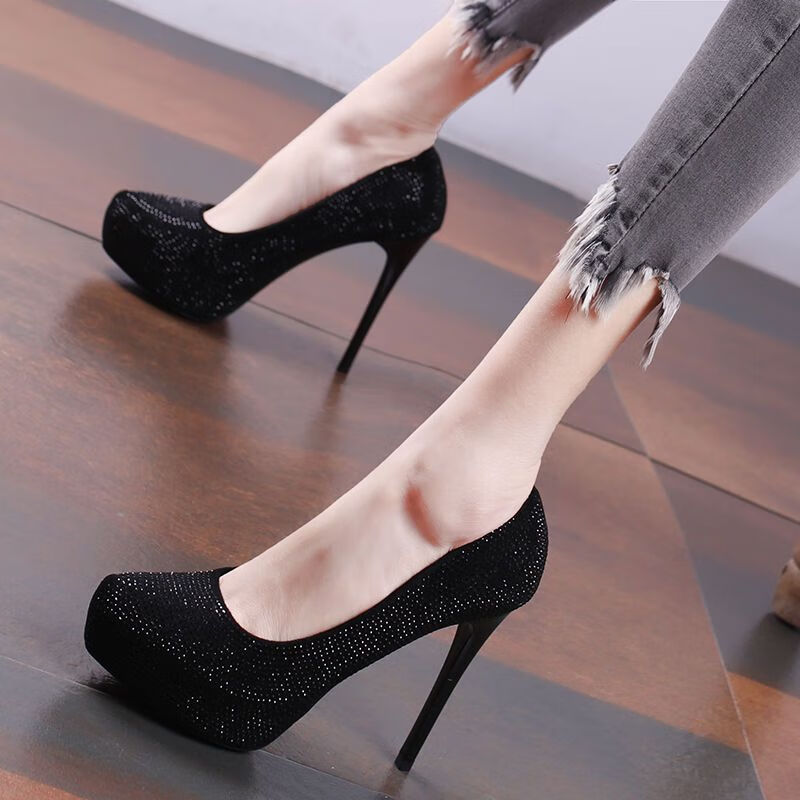 主持婚礼圆头浅口高跟鞋12cm鞋子女2022新款水钻女鞋婚鞋尖头高跟鞋女