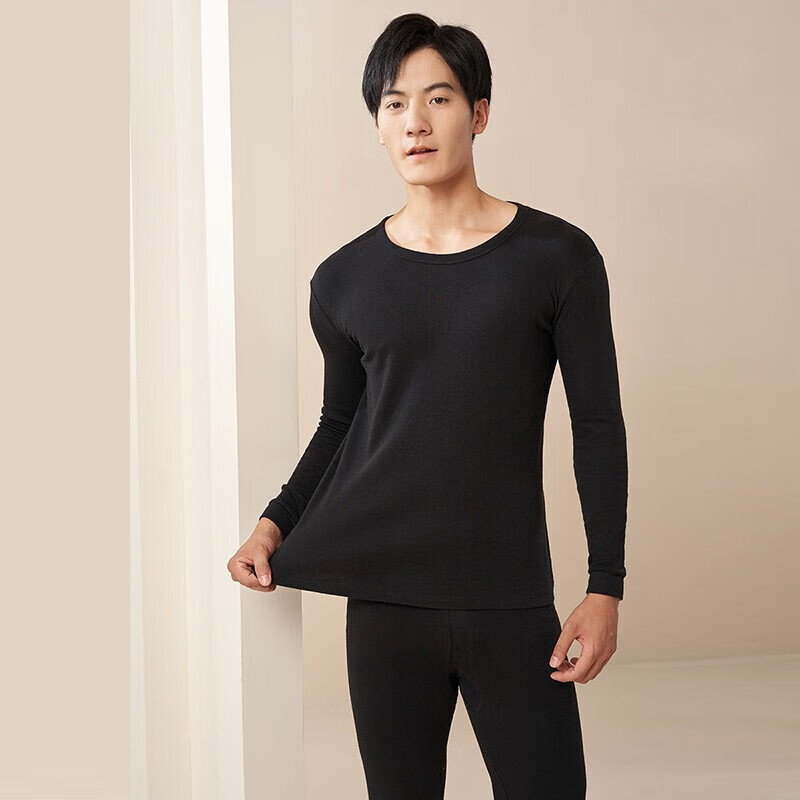 宜而爽 男女士全棉秋衣秋裤情侣套装圆领打底纯棉毛衫纯棉保暖内衣 男款黑色 2XL
