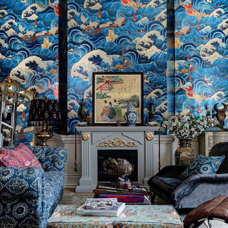 19世纪日本海浪木刻版画 罗马尼亚进口墙纸 日式海浪背景壁纸 无缝