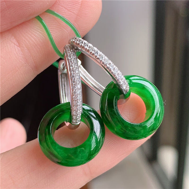 珠佩丽翡翠耳环a货翡翠镶钻冰种满绿辣绿平安玉环耳环复古风气质耳扣