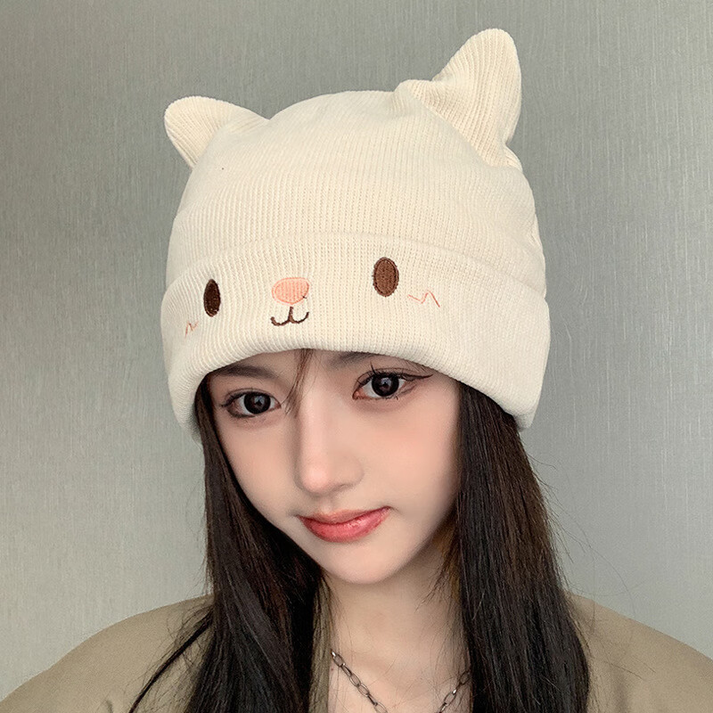 宝希兰 小熊耳朵针织毛线帽子女网红堆堆帽秋冬季保暖韩版包头冷帽显