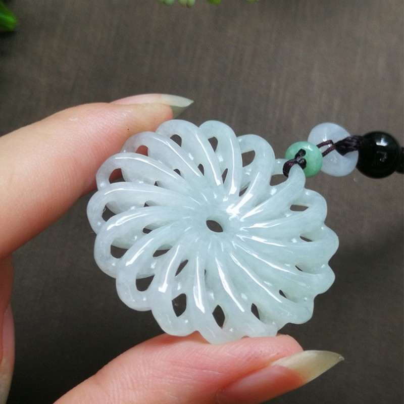 翡翠A货时来镂空富贵花吉祥玉坠 翡翠吊坠炫石为玉附证书