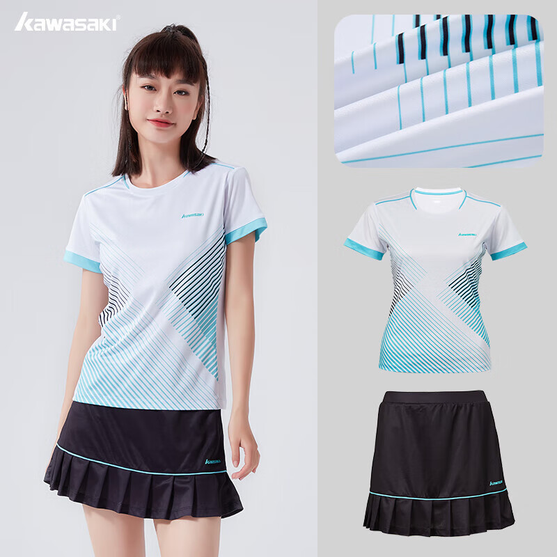 川崎（KAWASAKI）羽毛球服套装夏款运动速干短袖T恤训练队服A2806 女款白黑 L