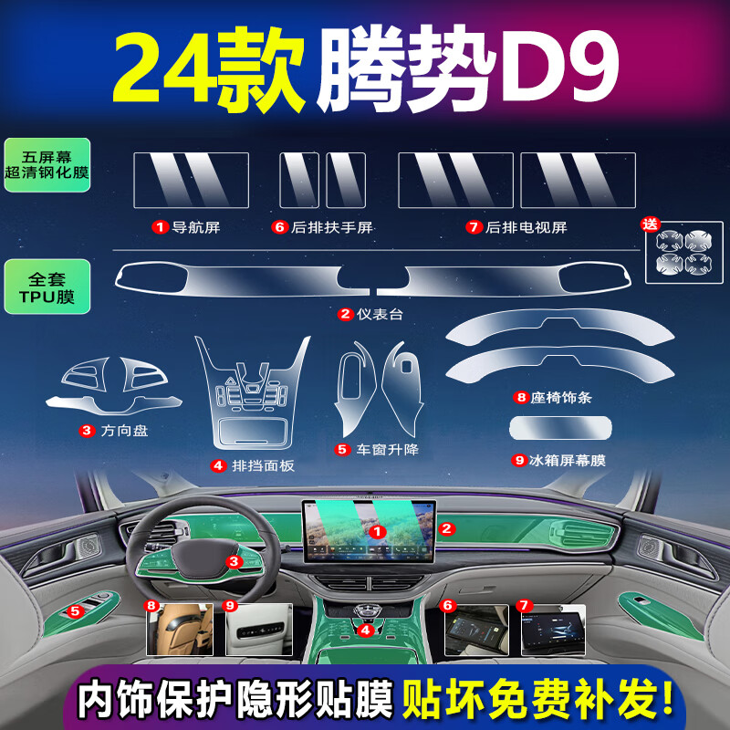 达珀德25款腾势D9内饰贴膜dmi中控导航钢化膜液晶显示屏幕保护膜改装饰 腾势D9【全套TPU内饰膜+五屏高清钢化膜】