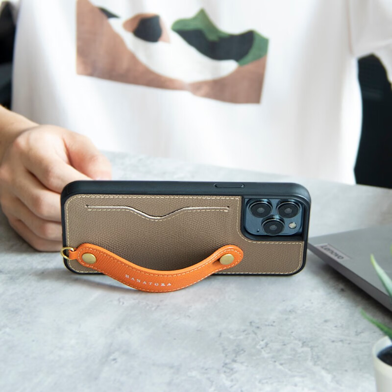 花虎(HANATORA)苹果14Promax手机壳真皮iPhone14Plus带支架带挂绳腕带男款插卡卡包全包防摔女生日式风格高级感 【牛油果绿+橙】配挂脖绳 iPhone14Pro Max(6.7寸)