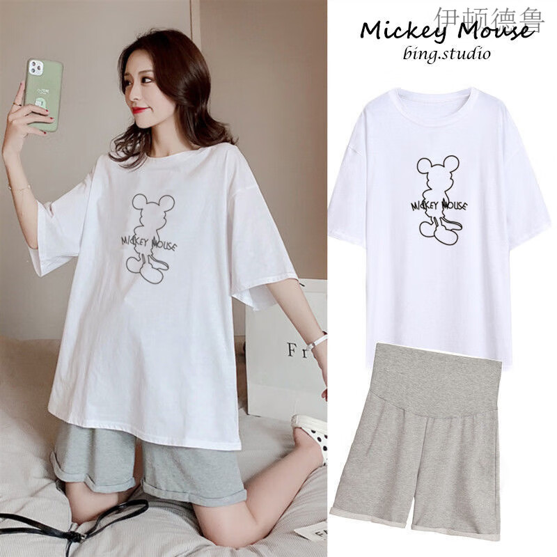 德鲁 孕妇套装网红圆领短袖印花t恤托腹短裤两件套时尚外出套装孕妇装