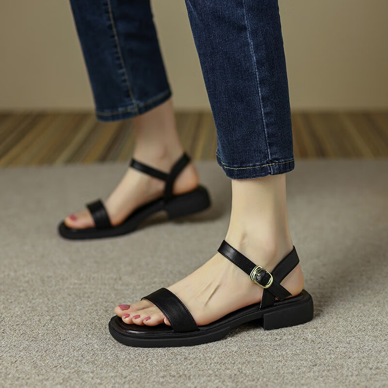 玖辛（jiuxin）復(fù)古風(fēng)羅馬涼鞋女夏季新款厚底平底鞋一字扣帶低跟露趾沙灘鞋 黑色 39