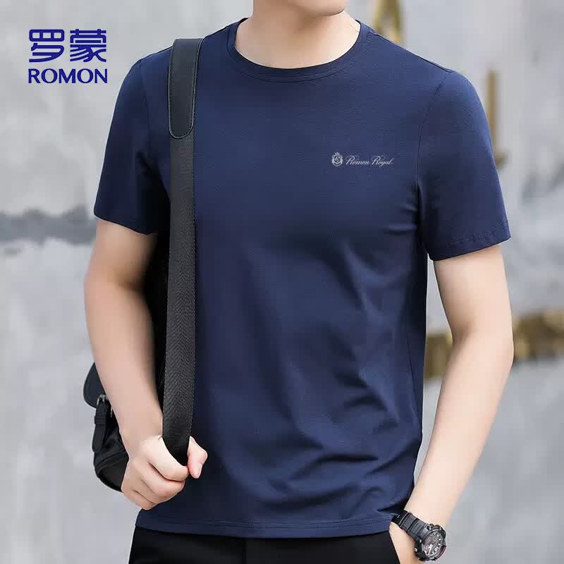 罗蒙（ROMON）短袖T恤男士2026夏季轻薄休闲透气冰丝打底衫上衣男装588 藏青 XL