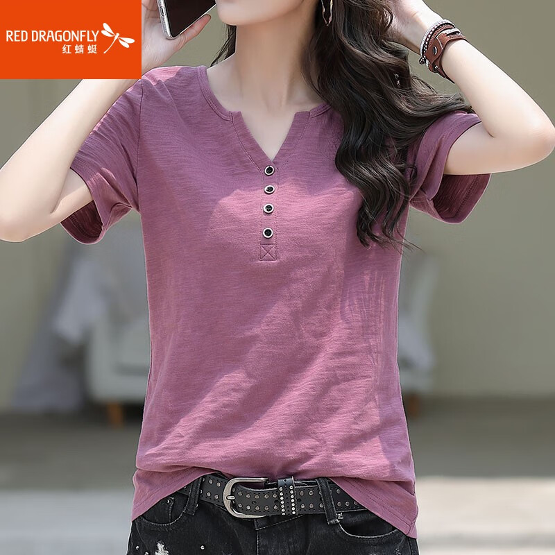 红蜻蜓t恤女短袖春夏季新款韩版v领打底百搭显瘦女装上衣衫夏装t恤ins