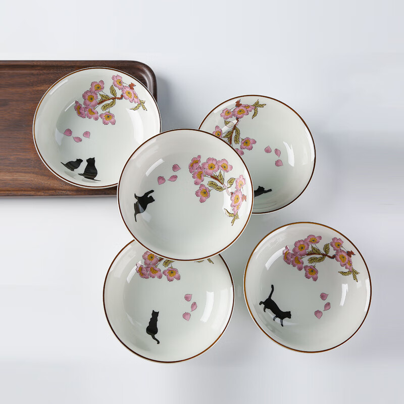 karphome KARPHOME 日本进口陶瓷碗套装日式樱花小猫米饭碗家用餐具乔迁送礼 和风日丽碗 五只套装