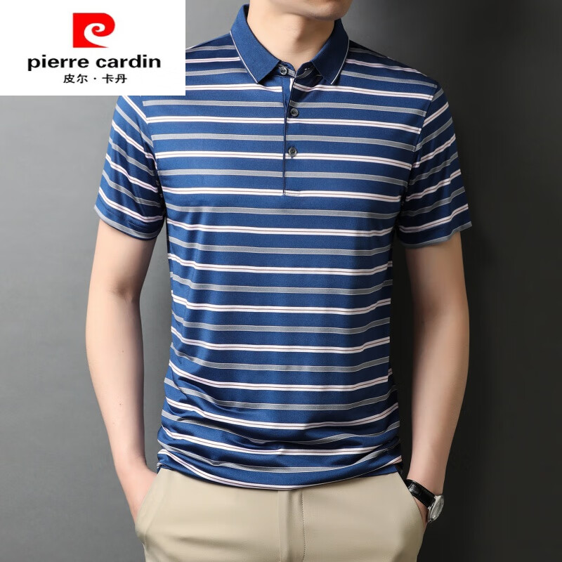皮尔卡丹品牌高档夏季男士t恤条纹polot恤衫高端桑蚕丝短袖时尚真丝
