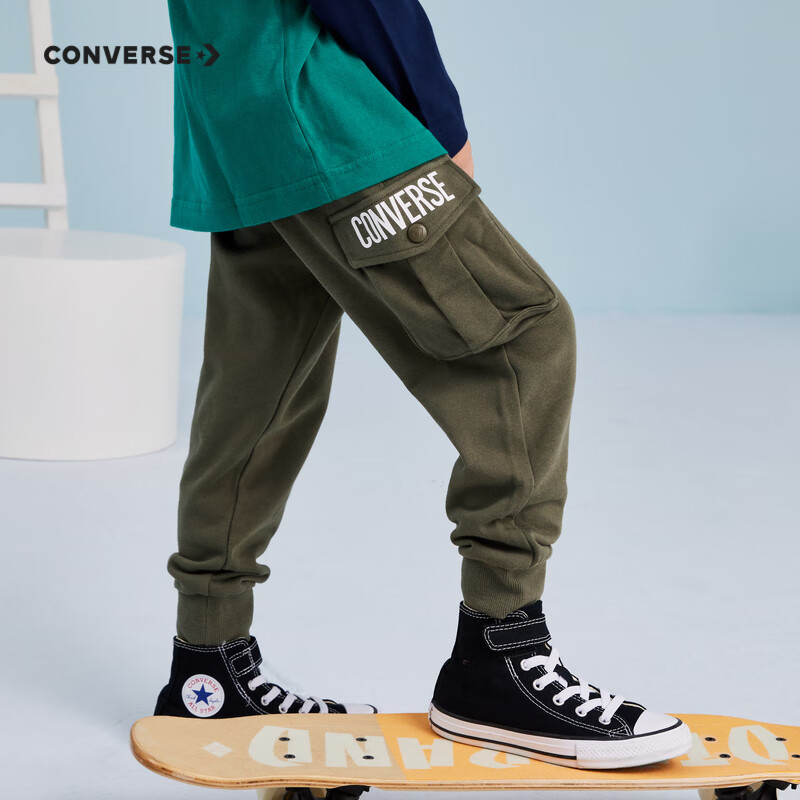 Converse 匡威儿童装男童加裤子冬季2022新款针织工装裤修身棉长裤女大童秋装运动裤外穿休闲裤 灰橄榄绿 140/60