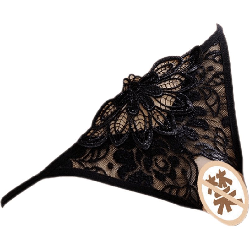 曼煙性感內衣內褲女式透視裝夫妻房事刺激免脫蕾絲刺繡花朵T褲血滴子 黑色(極誘惑度純欲SM女王的制服) 均碼