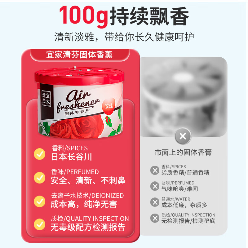 宜家清芬(E-HOME)空气清新剂室内固体香膏厕所除臭清香剂房间鞋柜车载香薰除味剂 (100g大盒升级款)玫瑰香味 4盒装