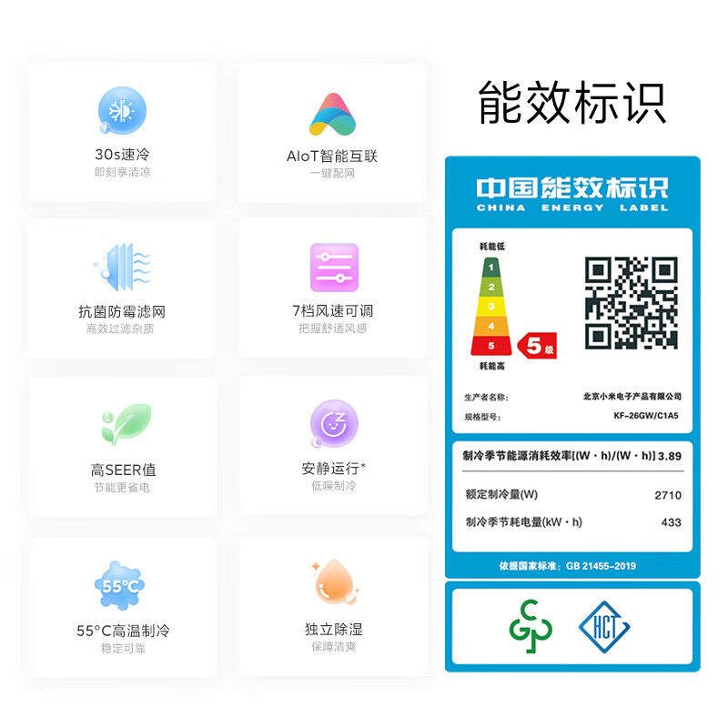 小米空调 巨省电 变频冷暖空调 新一级能效节能省电智能自清洁壁挂式卧室挂机 小爱语音控制 以旧换新 大1匹 五级能效 单冷无制热/C2A5
