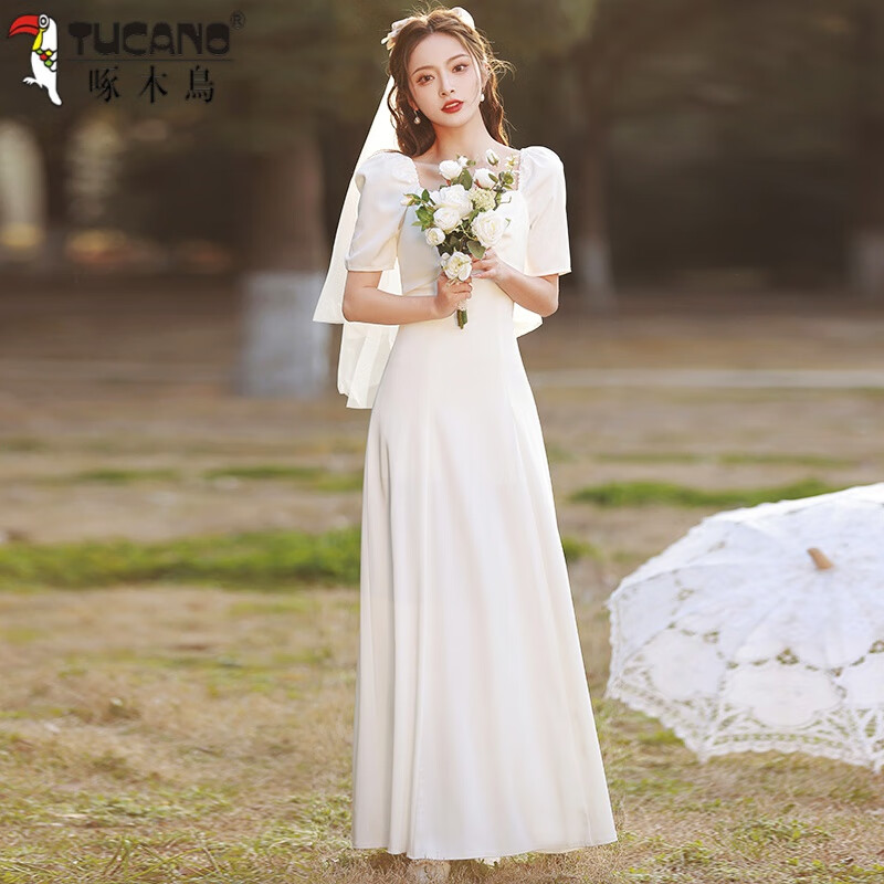 啄木鸟白色小礼服领证登记缎面订婚连衣裙法式出门简约轻婚纱日常可穿女 白色A版长款 L