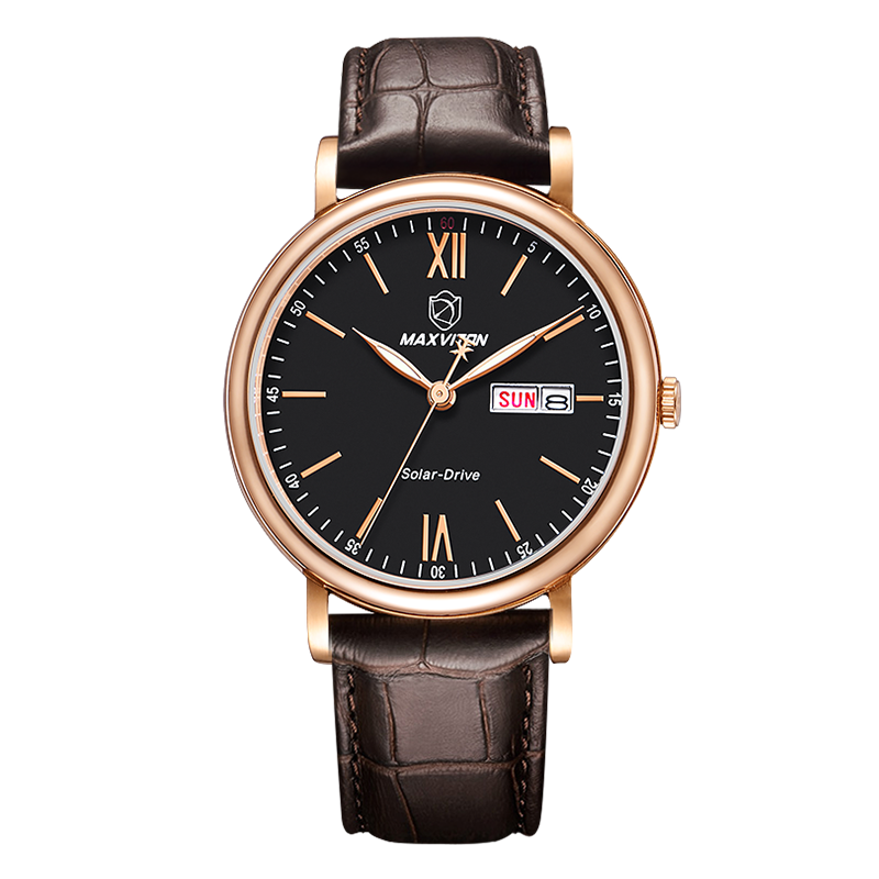 瑪斯威頓（MAXVITON）男士手表太陽(yáng)能光能表時(shí)尚休閑雙日歷皮帶鋼帶防水夜光女表情侶表 EM1701-2-11A男款
